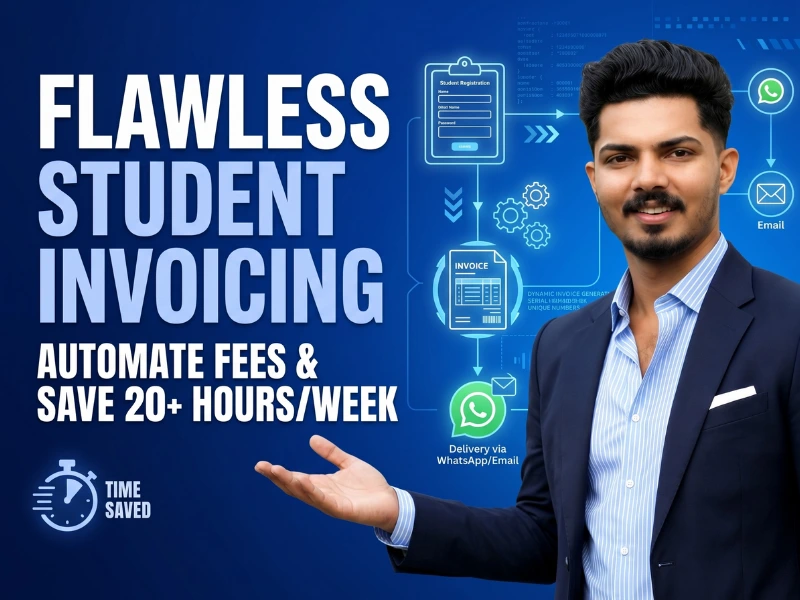 Graphic explaining flawless student invoicing and educational operations automation in Kerala by Mohammed Basil UK.